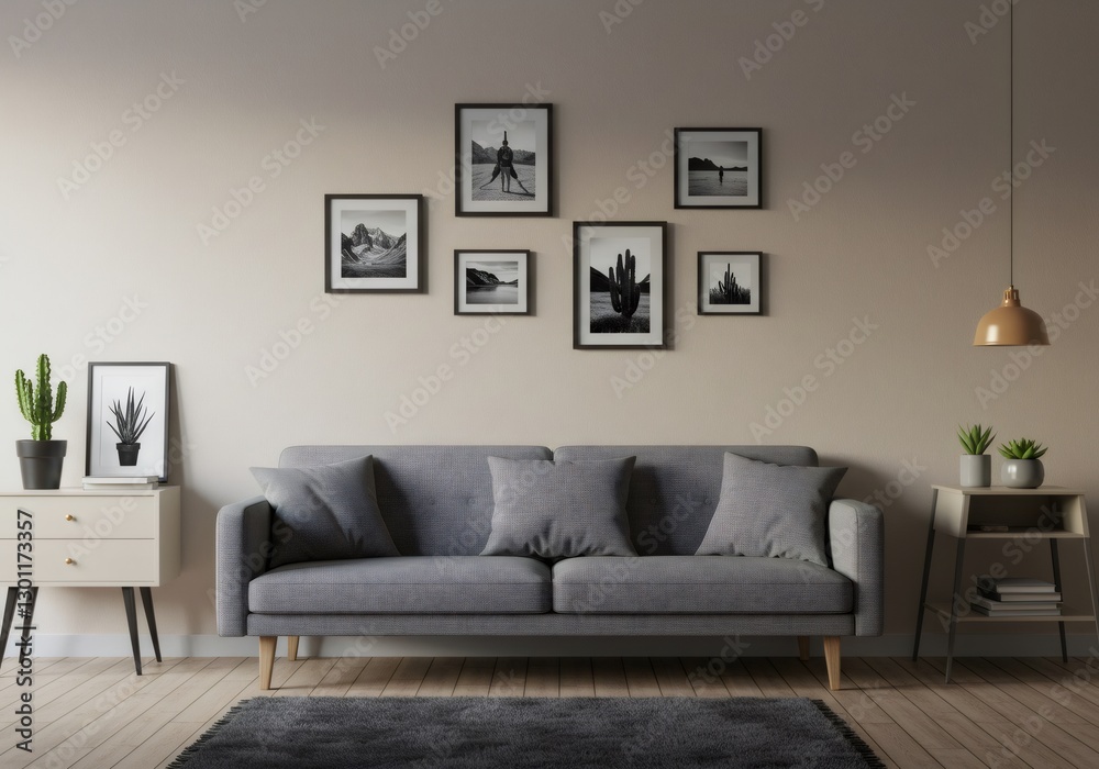 Modern Living Room with Grey Sofa and Black and White Wall Art Modern Living Room with Grey Sofa and Black and White Wall Art