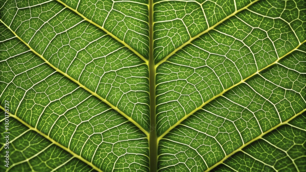 Intricate patterns of a vibrant green leaf with veins radiating outward