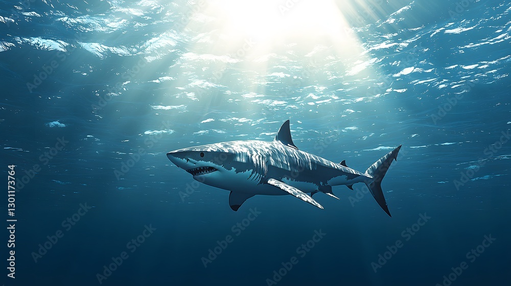 Fototapeta premium A fearsome shark swimming in the deep ocean, captured in realistic detail.