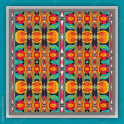 Decorative framed pattern, ethnic ornamental wall art, colorful geometric print, modern abstract artwork, symmetrical floral design, vibrant home decor, bohemian framed illustration, artistic textile 