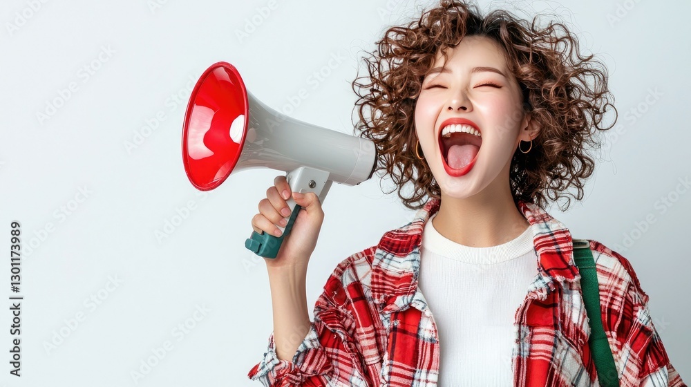 Excited young woman with curly hair passionately shouting into a megaphone, expressing enthusiasm and energy, dressed in casual clothing, single person against a light background.