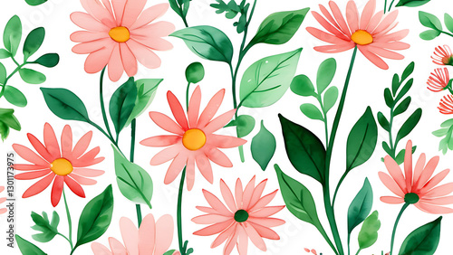 Wallpaper Mural Watercolor Pink Flowers and Green Leaves Seamless Pattern Design on White Torontodigital.ca