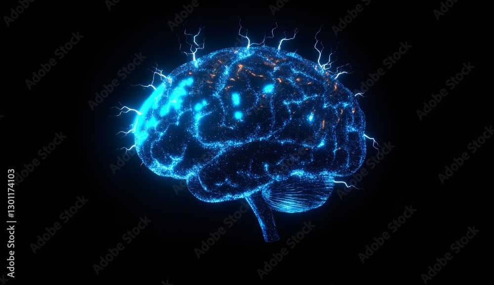 Brain's Digital Blueprint: A vibrant, luminous digital depiction of a human brain, showcasing intricate neural pathways and electrical activity against a deep background. Brain's Digital Blueprint: A vibrant, luminous digital depiction of a human brain, showcasing intricate neural pathways and electrical activity against a deep background.