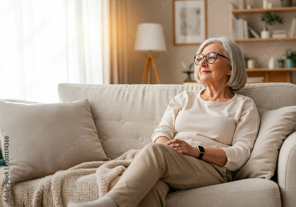 Senior Woman Relaxing on Cozy Sofa at Home, Enjoying Peaceful Moment Senior Woman Relaxing on Cozy Sofa at Home, Enjoying Peaceful Moment