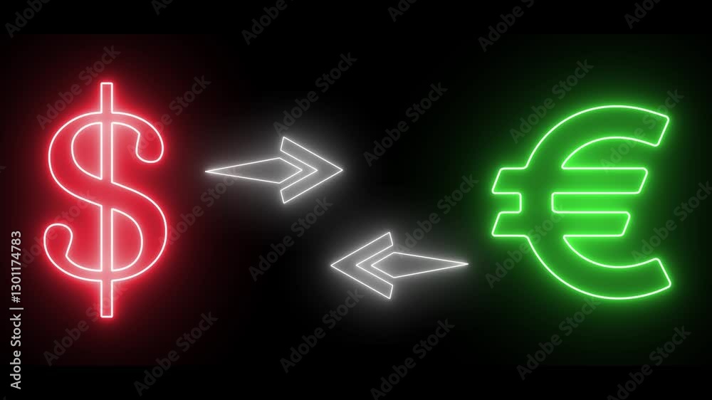 Glowing neon line dollar and euro symbol icon Give money with dollar sign. A neon business money exchange symbol animation on black background.