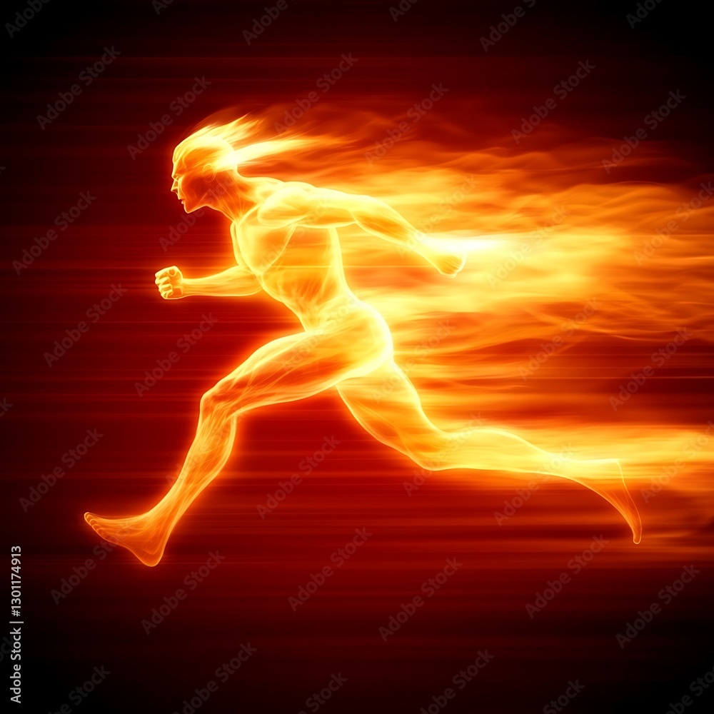 A fiery human figure is running with incredible speed and movement A fiery human figure is running with incredible speed and movement