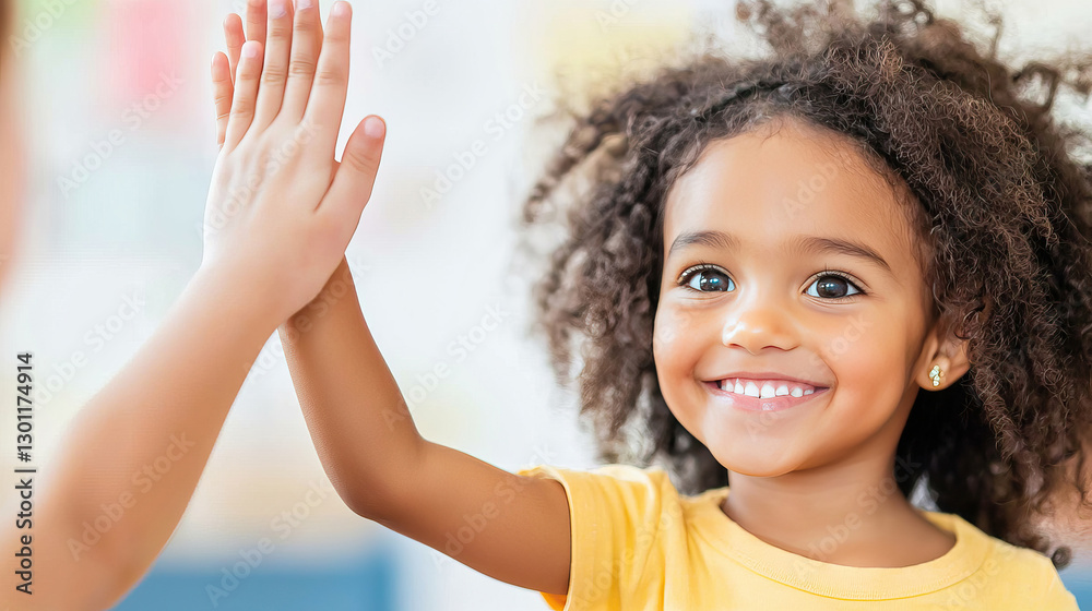 Joyful child giving high five gesture in playful moment Joyful child giving high five gesture in playful moment