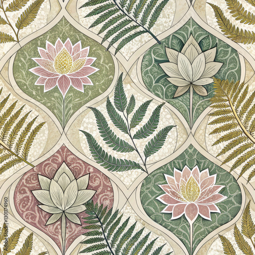 Modern geometric pattern featuring abstract lotus flowers and ferns in soft colors, creating serene and elegant design