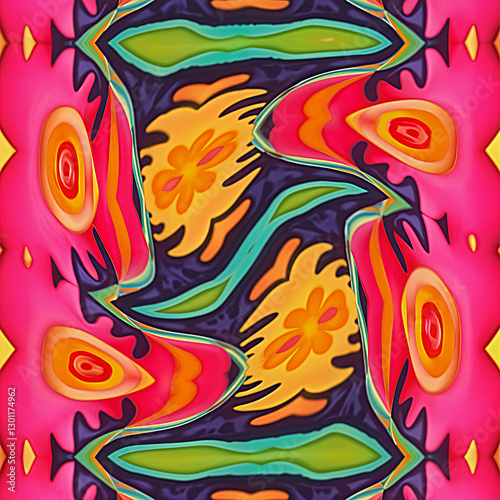 Psychedelic floral abstract, vibrant surreal art, colorful trippy pattern, distorted ornamental design, modern digital artwork, funky flower composition, bold artistic print, contemporary wall decor