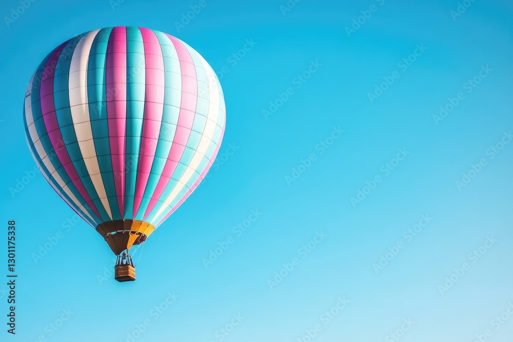 Fototapeta premium close-up photo of vividly colored hot air balloon ascending in clear blue sky sunlight illuminating its panels