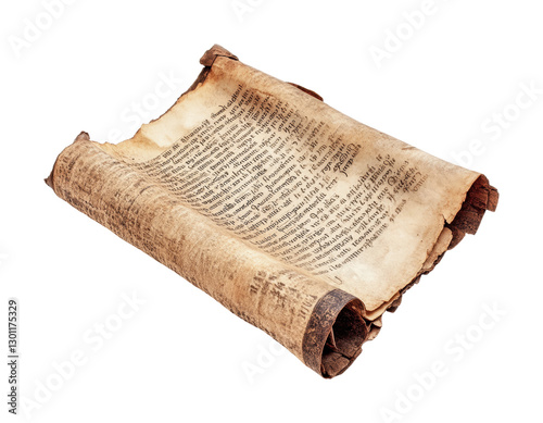 Ancient rolled manuscript featuring handwritten text, showcasing historical craftsmanship and preservation techniques, cut out