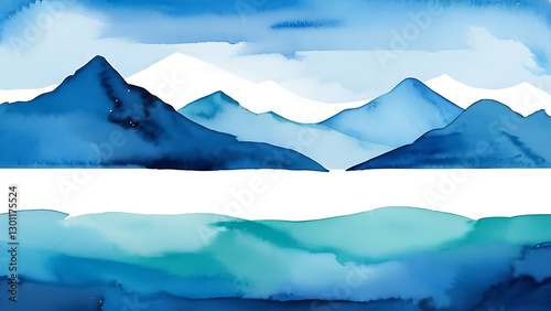 Watercolor Painting of Mountain Landscape with Lake in Blue Tones