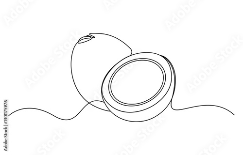 Continuous one single minimal line drawing coconut, Single continuous line drawing whole and sliced healthy organic coconut for orchard logo identity. Fresh fruitage concept for fruit garden icon.