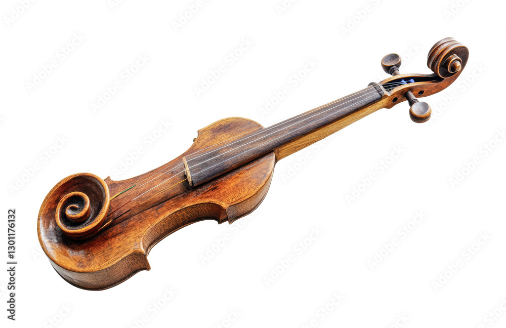 Obraz premium Beautifully crafted wooden violin showcases intricate design and elegant curves for music lovers and artisans, cut out