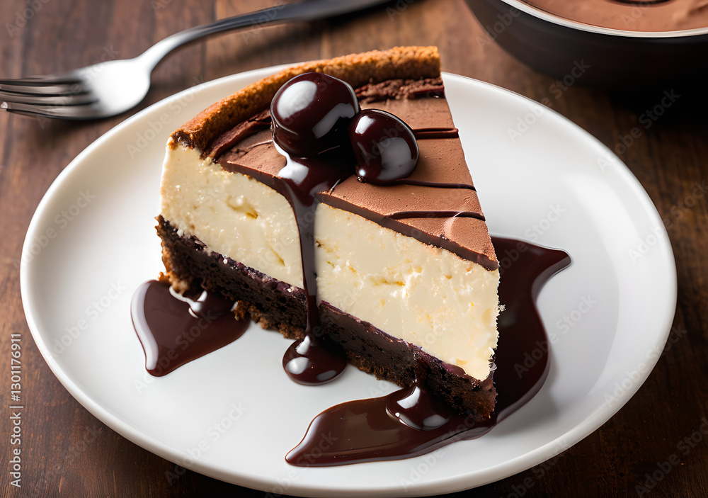 Slice of hot fudge Sundae Brownie Cheesecake served on white plate in high definition Slice of hot fudge Sundae Brownie Cheesecake served on white plate in high definition