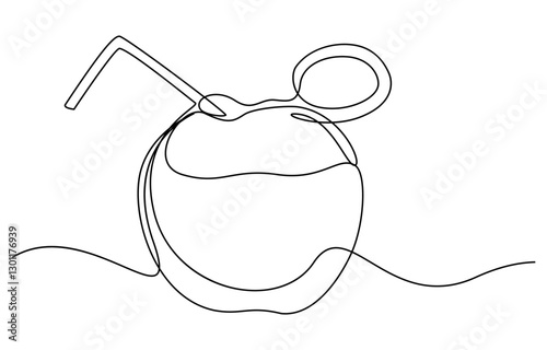 Continuous one single minimal line drawing coconut, Single continuous line drawing whole and sliced healthy organic coconut for orchard logo identity. Fresh fruitage concept for fruit garden icon.