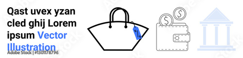 Handbag with price tag, wallet with coins, and bank building outline suggest retail, finance, savings, and commerce. Ideal for shopping, budgeting, banking investments retail e-commerce flat