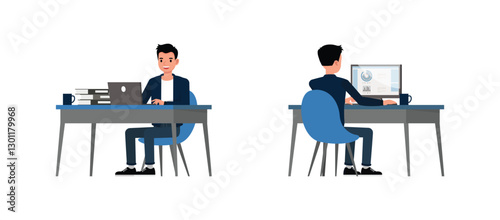 Business man wear blue jacket and working in office character vector illustration design set. Presentation in various action.