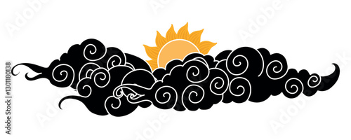 Tibetan sky. Asian cloud with moon, sun and stars. Japanese Korean Chinese cloud style. Asian traditional ornaments. Border pattern. Vector illustration