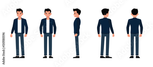 Set of man front, side and back wear blue jacket character vector illustration design. Presentation in various action.