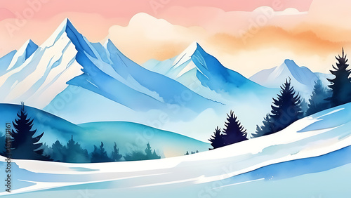 Watercolor Landscape Painting of Snowy Mountains and Evergreen Trees Art