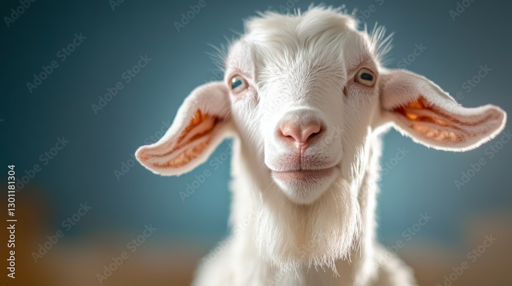 Fototapeta premium White goat with blue eyes is staring at the camera. The goat has a fluffy white face and a long white beard