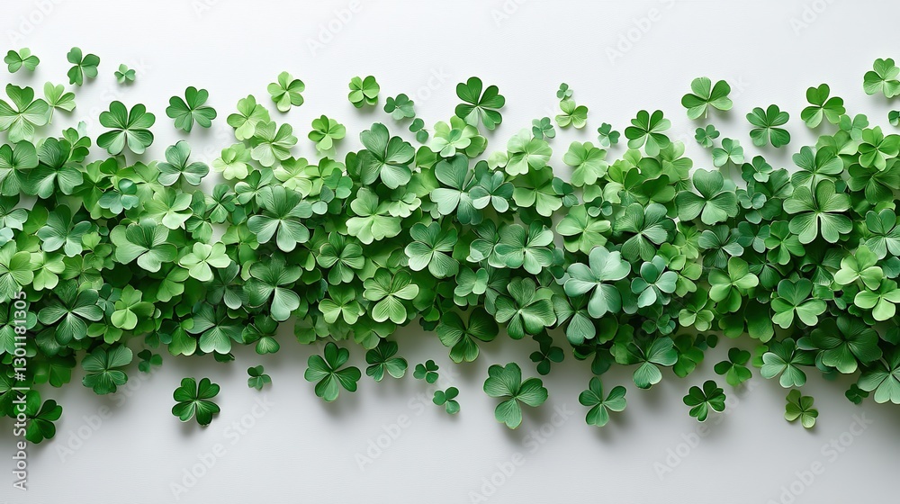 Obraz premium A lightbox with a St. Patrick's Day greeting, shamrocks made of green hearts and stars confetti on a white background.