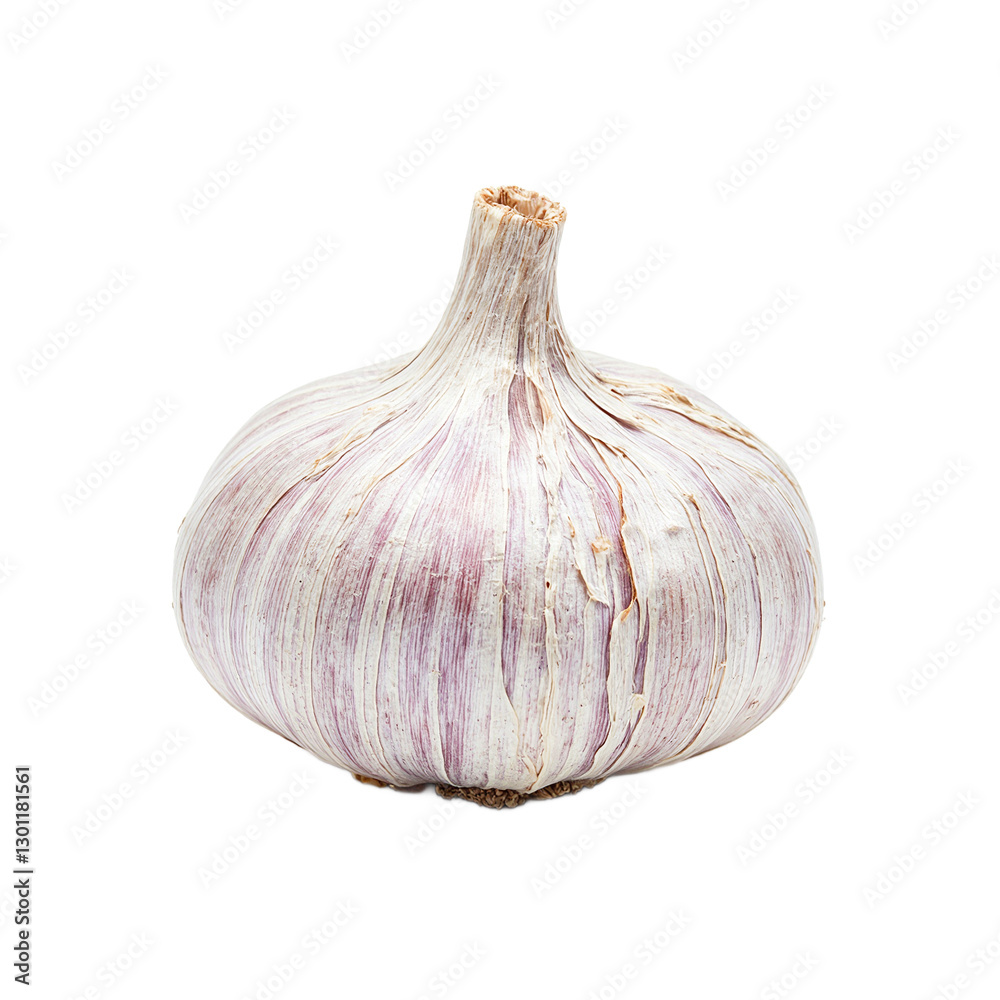 Obraz premium Fresh garlic bulb with purple hints and cloves peeking through isolated on white Ideal for food and health themed designs