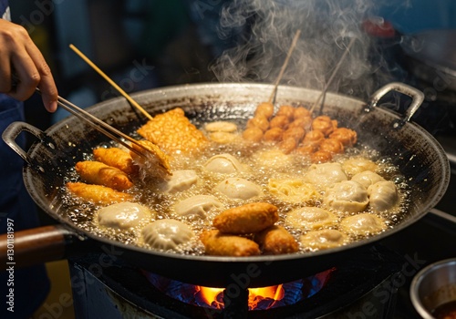 A large pan of sizzling hot oil filled with deep-fried street food, including skewers and dumplings, capturing the rich aroma and crisp texture of street cuisine. photo