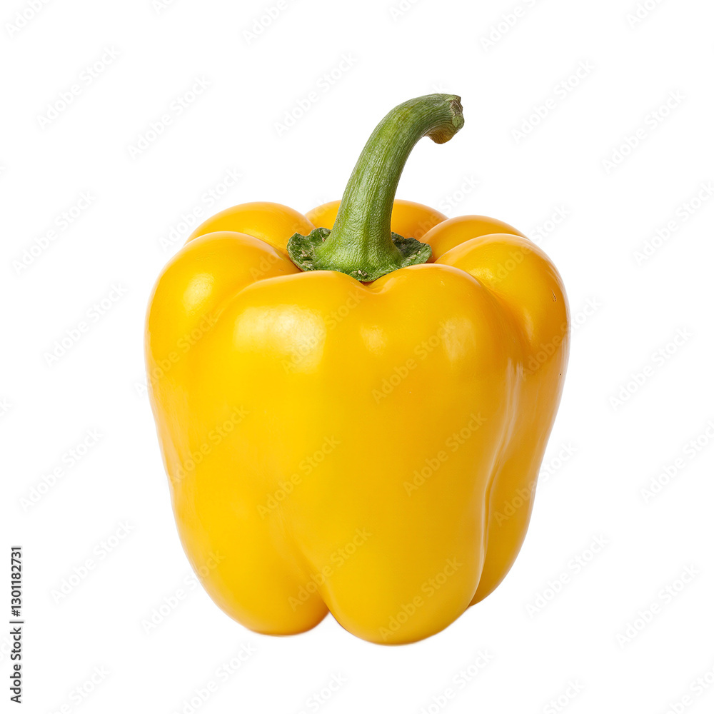 Vibrant yellow bell pepper with glossy surface and green stem isolated on white Freshness and contrast in focus Vibrant yellow bell pepper with glossy surface and green stem isolated on white Freshness and contrast in focus