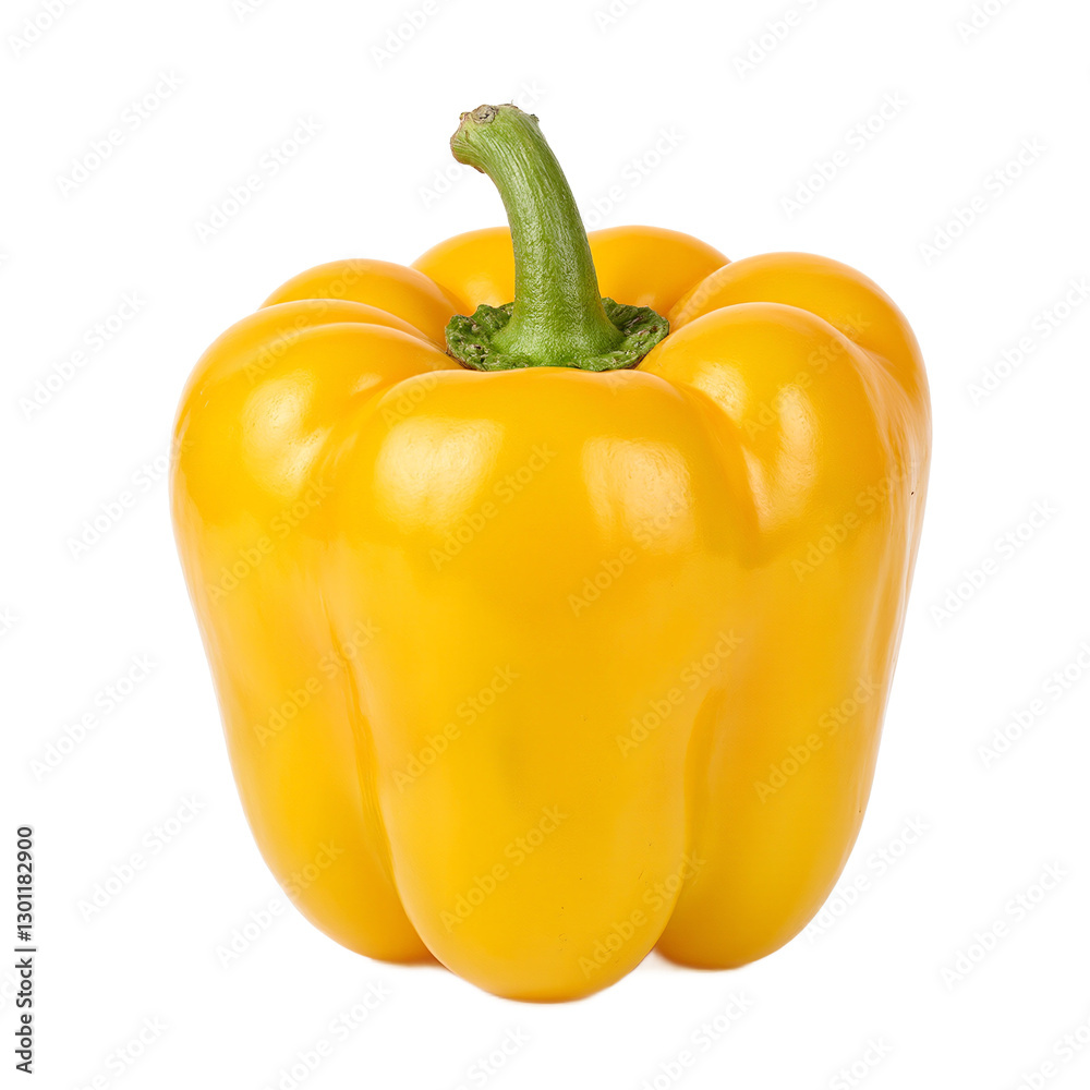 Vibrant yellow bell pepper with glossy surface and green stem isolated on white Freshness and contrast in focus Vibrant yellow bell pepper with glossy surface and green stem isolated on white Freshness and contrast in focus