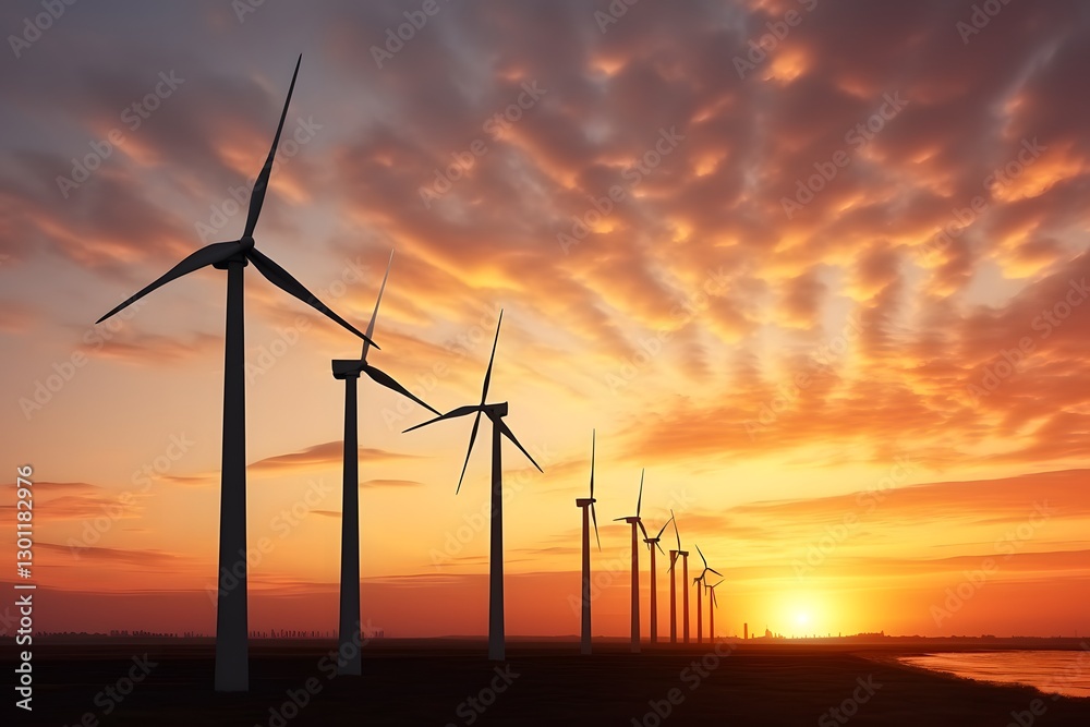 Obraz premium Wind turbines at sunset. wind turbine silhouette on mountain at sunset