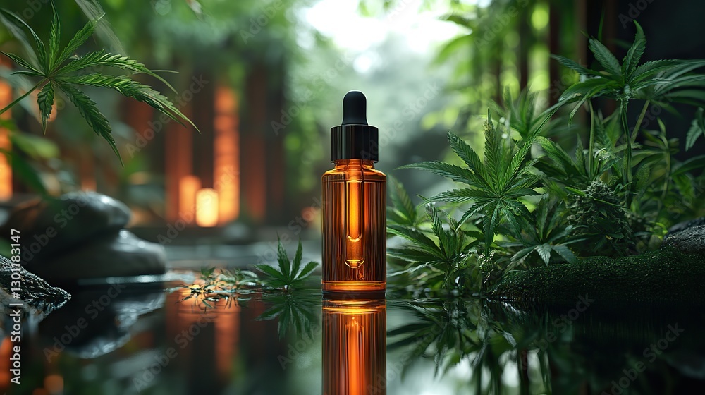 A luxury CBD oil bottle on a reflective surface with cannabis leaves emphasizes the premium quality of the product. A luxury CBD oil bottle on a reflective surface with cannabis leaves emphasizes the premium quality of the product.