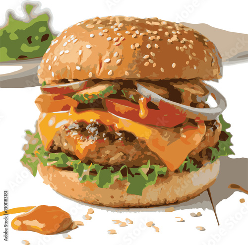 Flat vector style burgers featuring sesame seed buns, juicy beef patties
