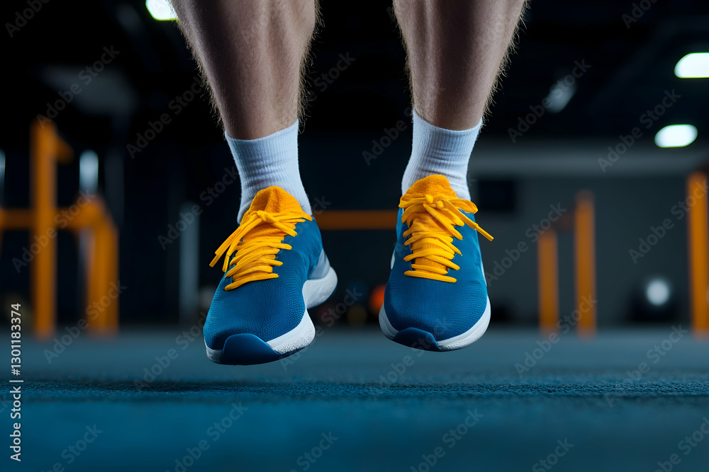 Brightly colored running shoes symbolize energy and movement during an indoor workout routine in a gym Brightly colored running shoes symbolize energy and movement during an indoor workout routine in a gym