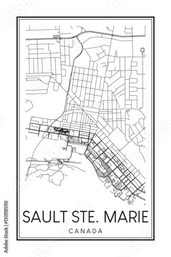 Printable downtown road map poster of the Canadian city of SAULT STE. MARIE on solid white background with city name