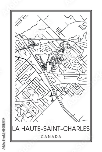 Printable downtown road map poster of the Canadian city of LA HAUTE-SAINT-CHARLES on solid white background with city name