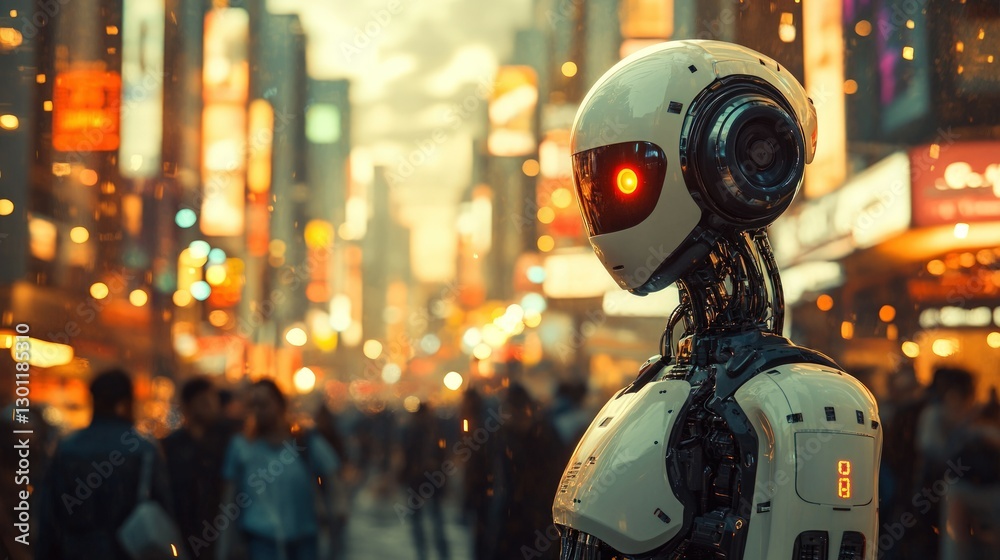 A humanoid robot stands in a bustling futuristic cityscape, its red eyes glowing in the neon light. A humanoid robot stands in a bustling futuristic cityscape, its red eyes glowing in the neon light.