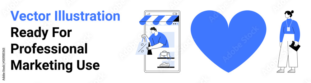 Customer scrolling through an e-commerce app, large blue heart, professional holding documents. Ideal for marketing, e-commerce, branding, customer support, design, online interaction flat landing Customer scrolling through an e-commerce app, large blue heart, professional holding documents. Ideal for marketing, e-commerce, branding, customer support, design, online interaction flat landing