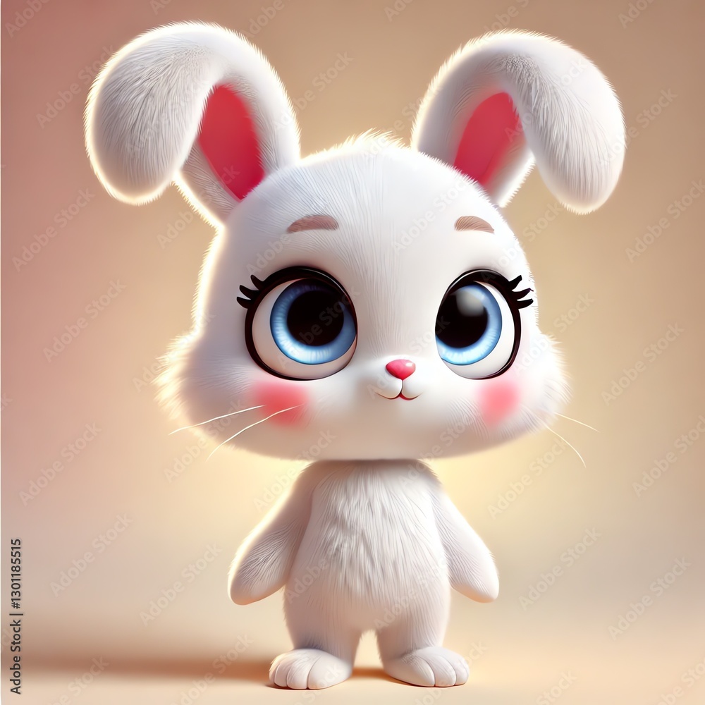 A cute 3d cartoon character of rabbit with fluffy white fur, large expressive blue eyes, and upright ears A cute 3d cartoon character of rabbit with fluffy white fur, large expressive blue eyes, and upright ears