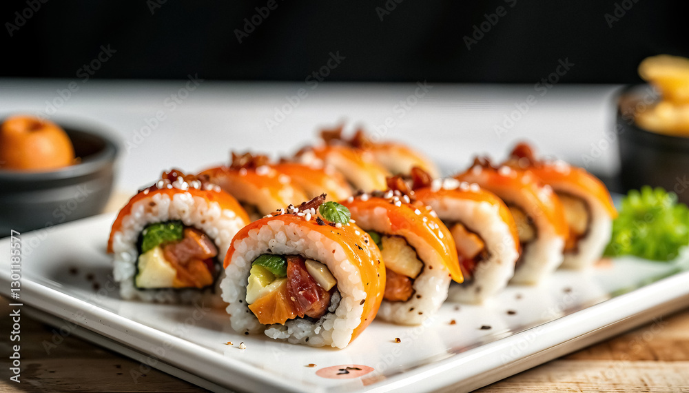 Delicious and visually appealing sushi rolls featuring variety of colorful fillings and toppings on plate Delicious and visually appealing sushi rolls featuring variety of colorful fillings and toppings on plate