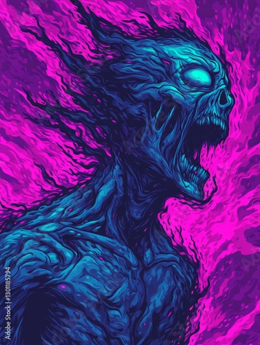 Screaming Zombie Figure in Abstract Purple and Blue Flames