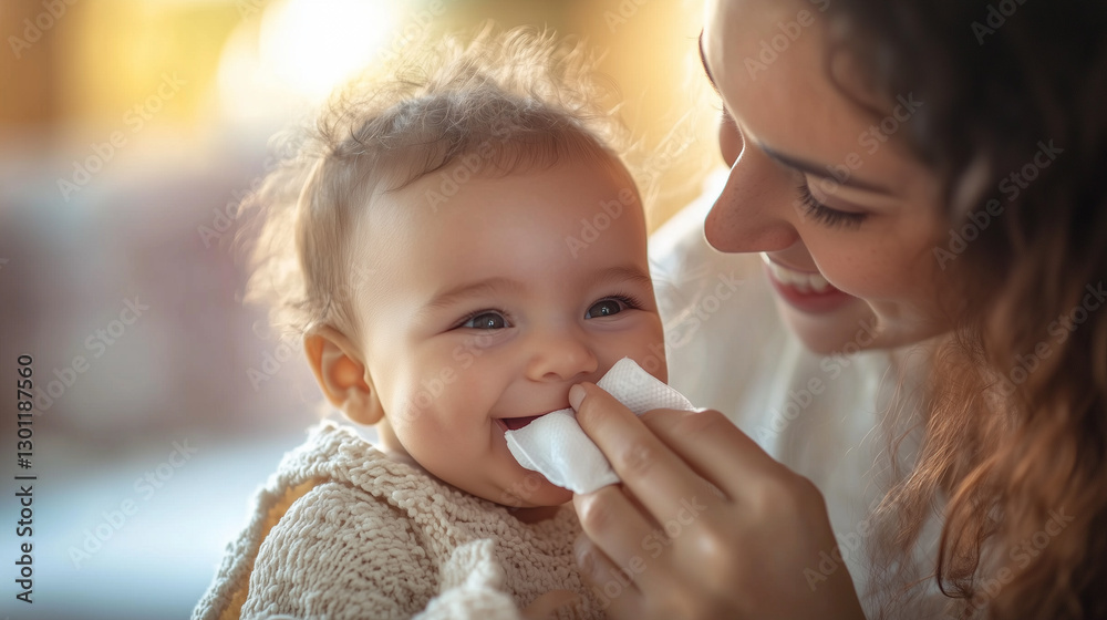 A loving mother gently wipes her smiling baby's face with a tissue, capturing a tender parenting moment. A loving mother gently wipes her smiling baby's face with a tissue, capturing a tender parenting moment.