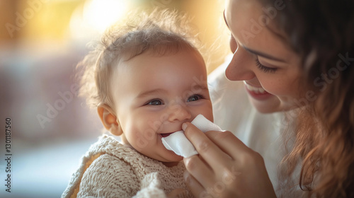 A loving mother gently wipes her smiling baby's face with a tissue, capturing a tender parenting moment.