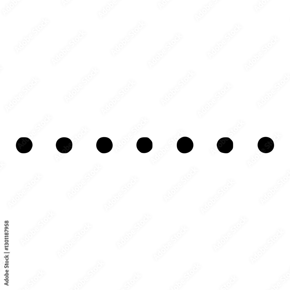 A horizontal line of six evenly spaced black dots on a white background. A horizontal line of six evenly spaced black dots on a white background.