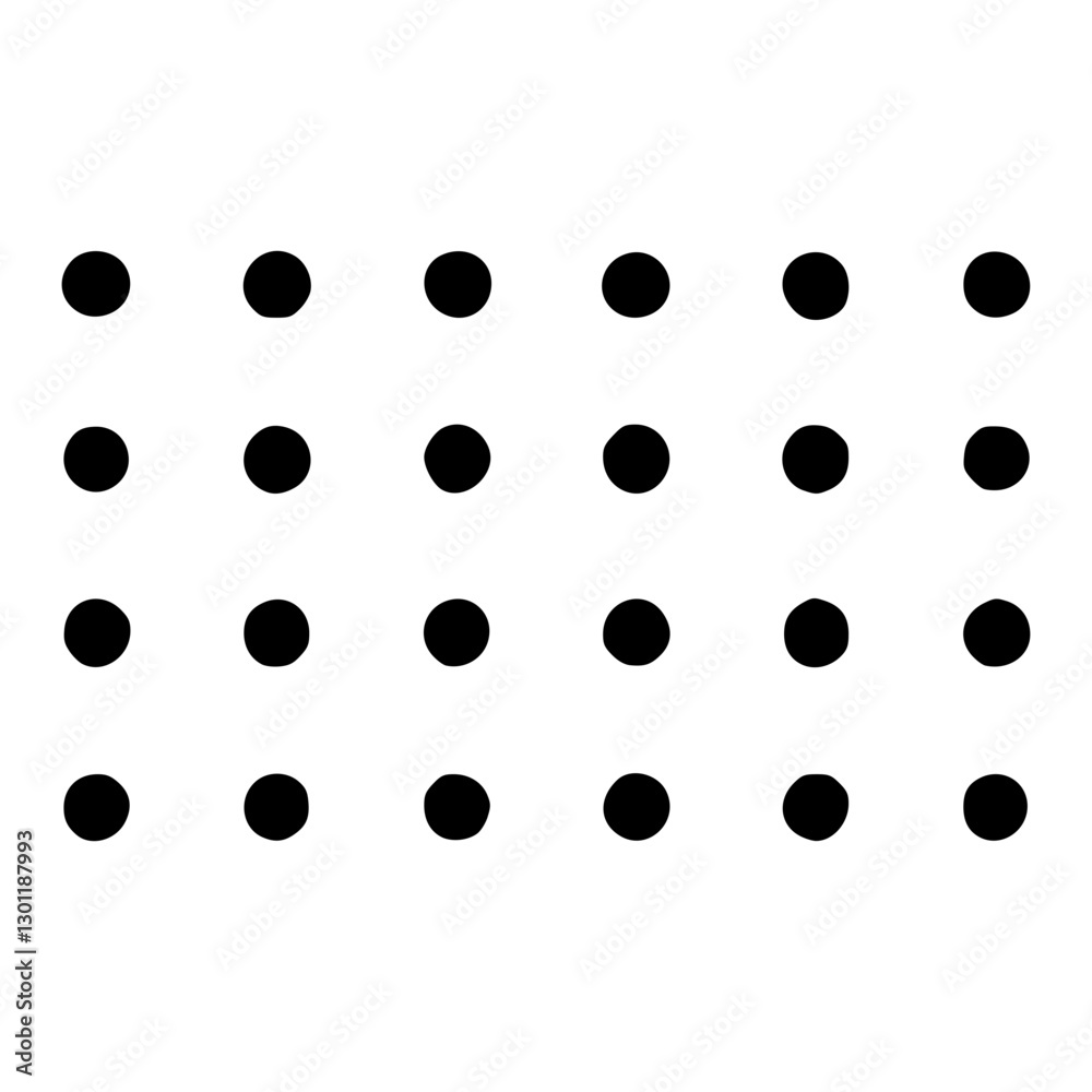 Grid of 20 evenly spaced black circles on a white background, arranged in four rows and five columns. Grid of 20 evenly spaced black circles on a white background, arranged in four rows and five columns.