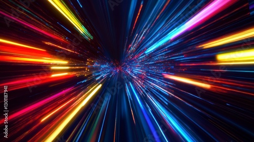 Abstract vibrant speed lines, city tunnel effect, fast motion, digital art, dynamic background, for futuristic presentation