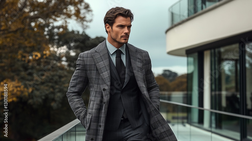 Wallpaper Mural A stylish man in a checkered coat walks confidently outside a modern luxury building with a sophisticated attitude. Torontodigital.ca