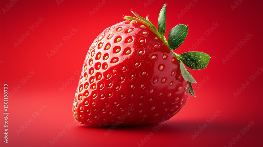 A vibrant close-up of a fresh strawberry with detailed texture against a bold red background.