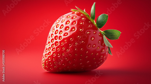 Obraz na płótnie A vibrant close-up of a fresh strawberry with detailed texture against a bold red background. w salonie